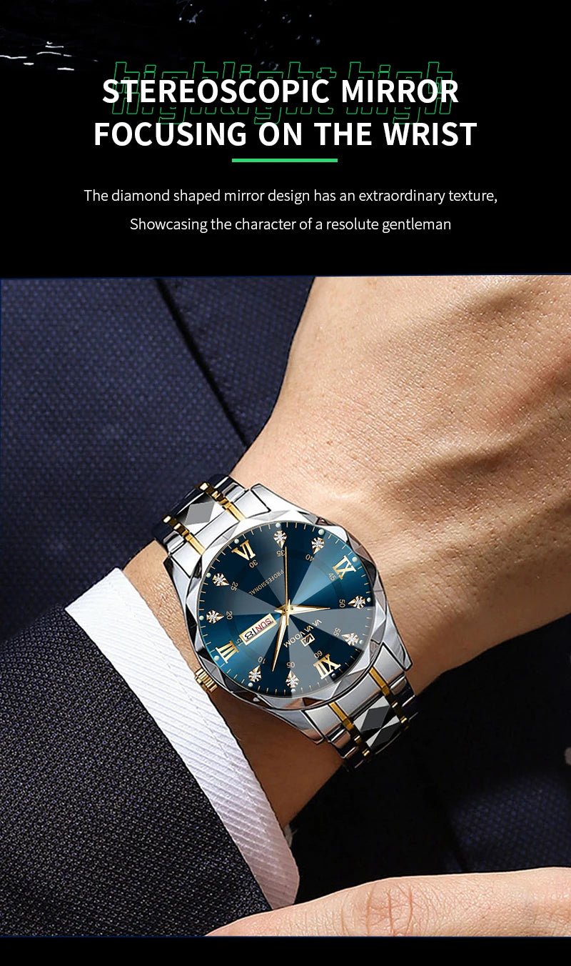 2024 New Men's Watch Fashion Rivet Stainless Steel Strap Luxury Water Diamond Diamond Luminous Blue Gold Dial Business Men Watch 