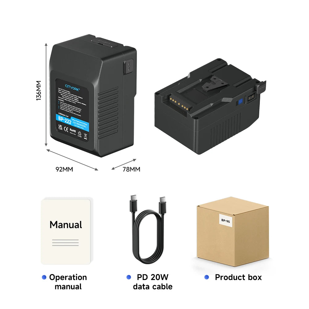 V Mount V-Lock BP185 95 V-Mount Battery BP 222 Battery with PD20W Cable for Sony Camcorder Broadcast Video Light Blackmagic URSA