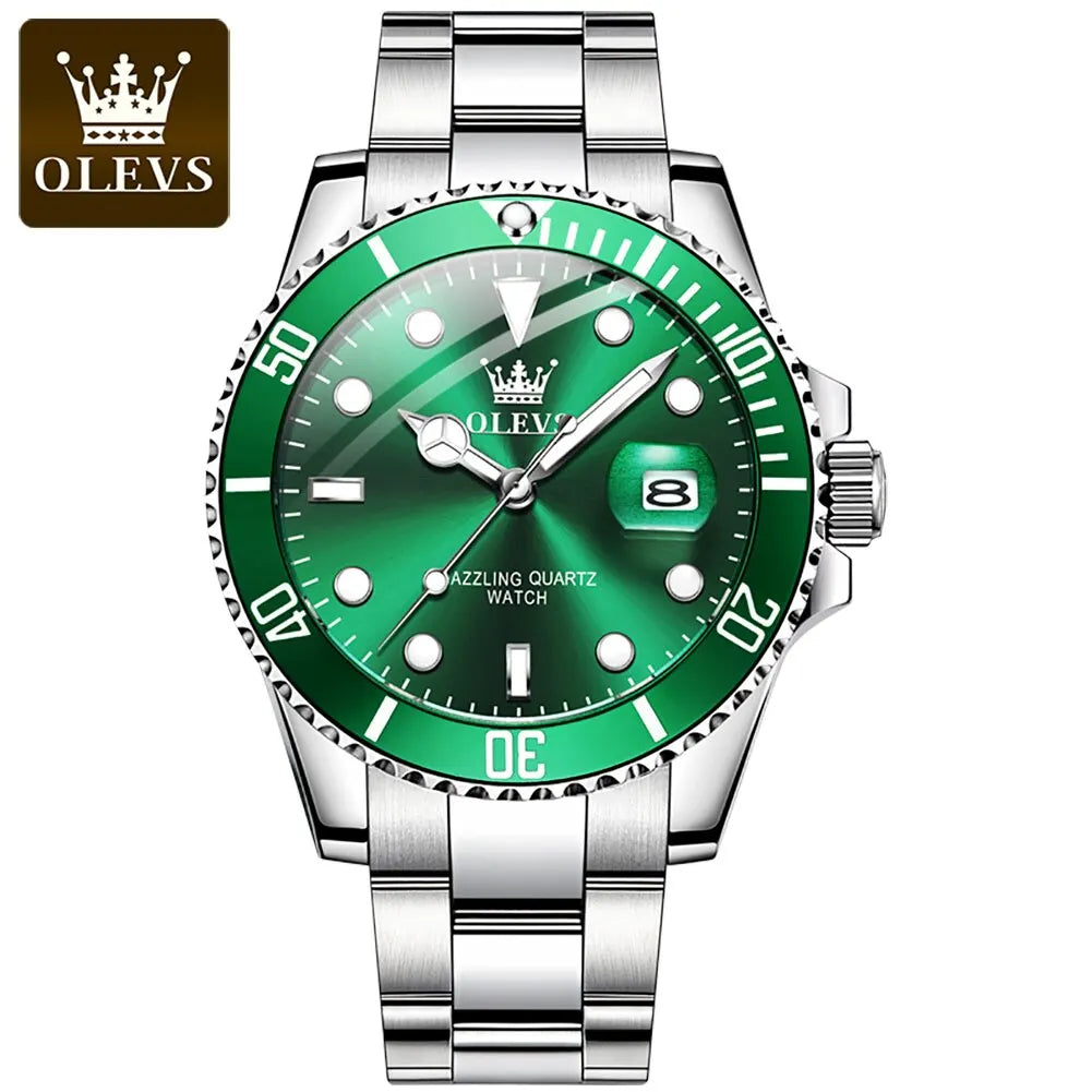 OLEVS Top Original Men Quartz Watch Green Waterproof Watch for Men Stainless Steel Quartz Men Luxury Watch Luminous Wristwatch 