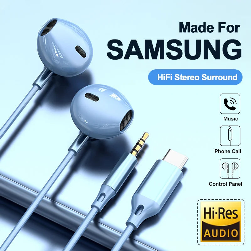 For Samsung Headphones HiFi Surround Sound In-ear USB Type C 3.5mm With wire control Wired Earplugs For Galaxy S24 S23 S22 Ultra 