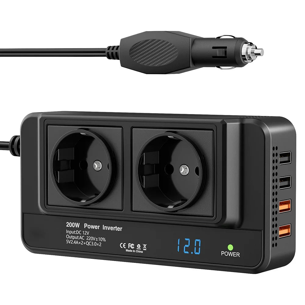 200W Car Power Inverter 12V to 220V with 2 Outlets and 4 USB Ports