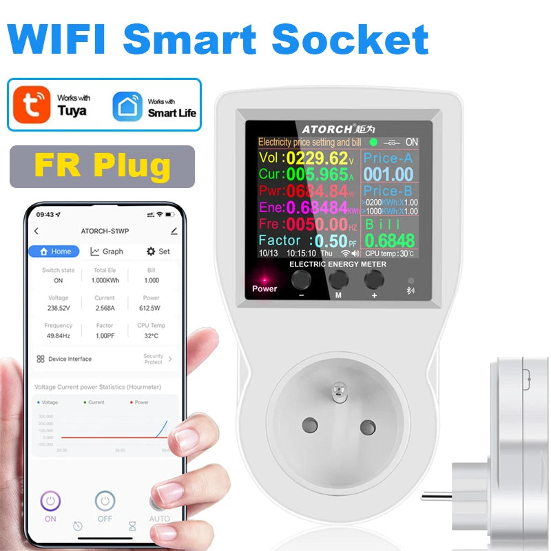 Tomacorrente inteligente Wi‑Fi com exibição de monitorização de energia