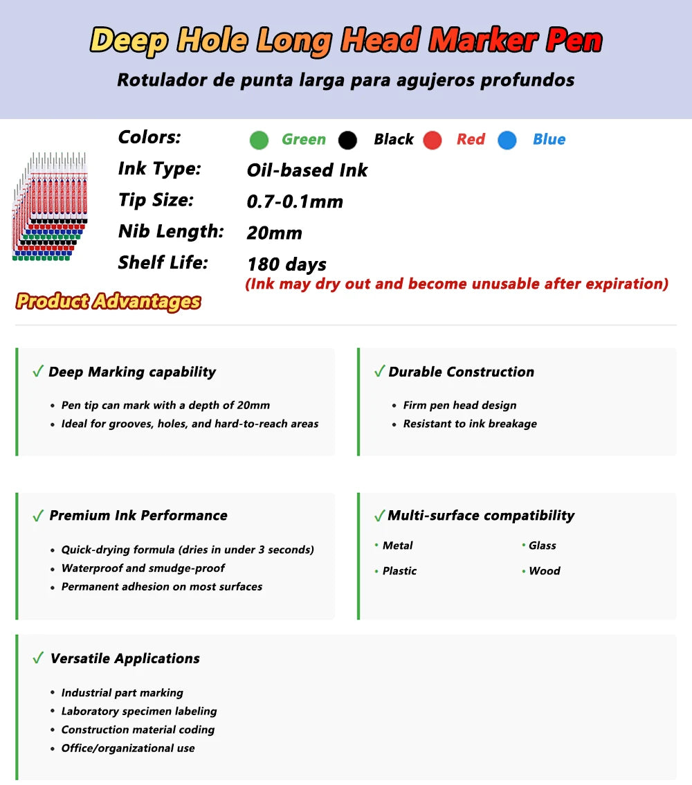 8Pcs/Set 20mm Deep Hole Long Nib Head Markers For Metal Perforating Pen Waterproof Bathroom Woodworking Decoration Multi-Purpose 