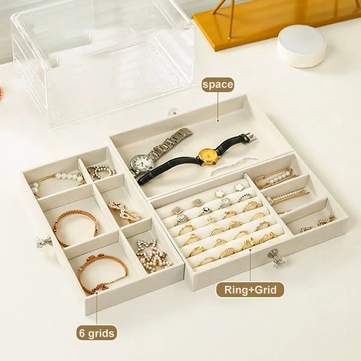 1 boîte à bijoux à tiroirs empilable sur 3 niveaux, beige/grise, pour ranger boucles d’oreilles, bagues, colliers et bracelets
