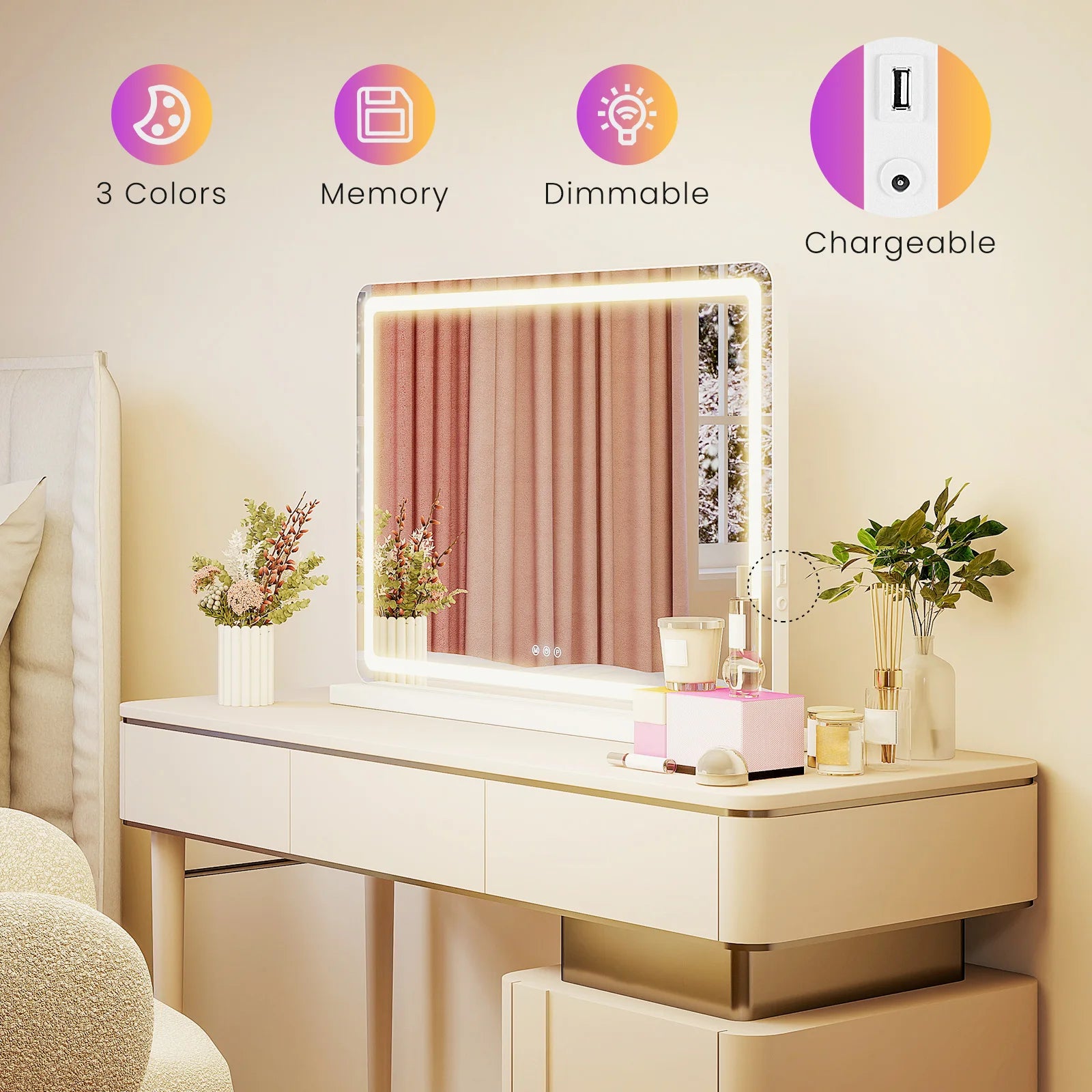 Miroir de maquillage LED avec 3 modes d'éclairage et luminosité réglable