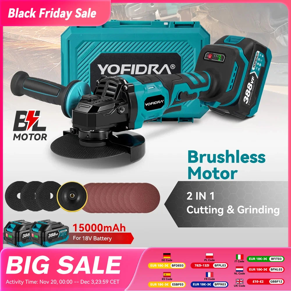 2‑in‑1 Electric Brushless Angle Grinder for Woodworking & Cutting