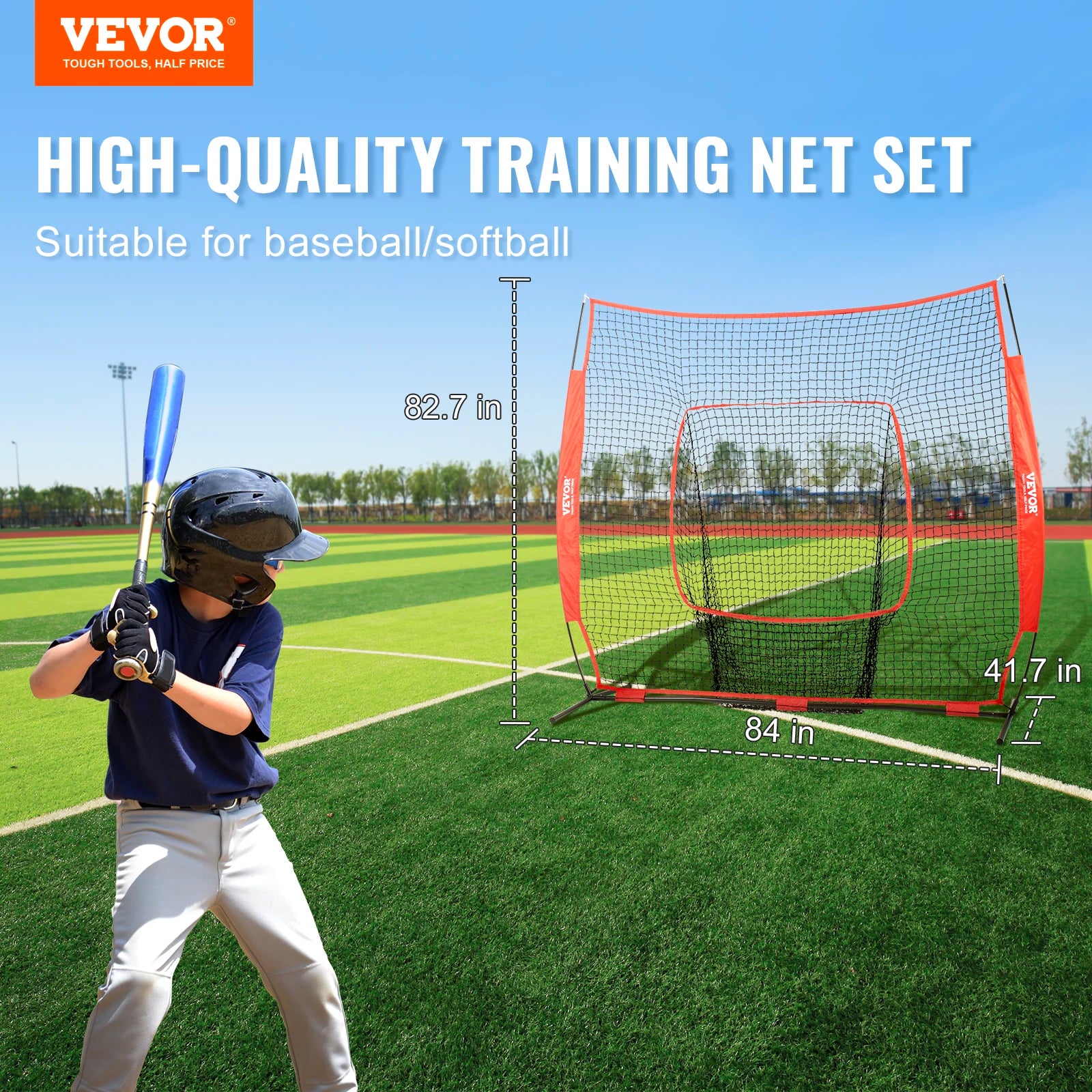 VEVOR 7x7 ft Baseball Softball Practice Net, Portable Baseball Training Net for Hitting Batting Catching Pitching