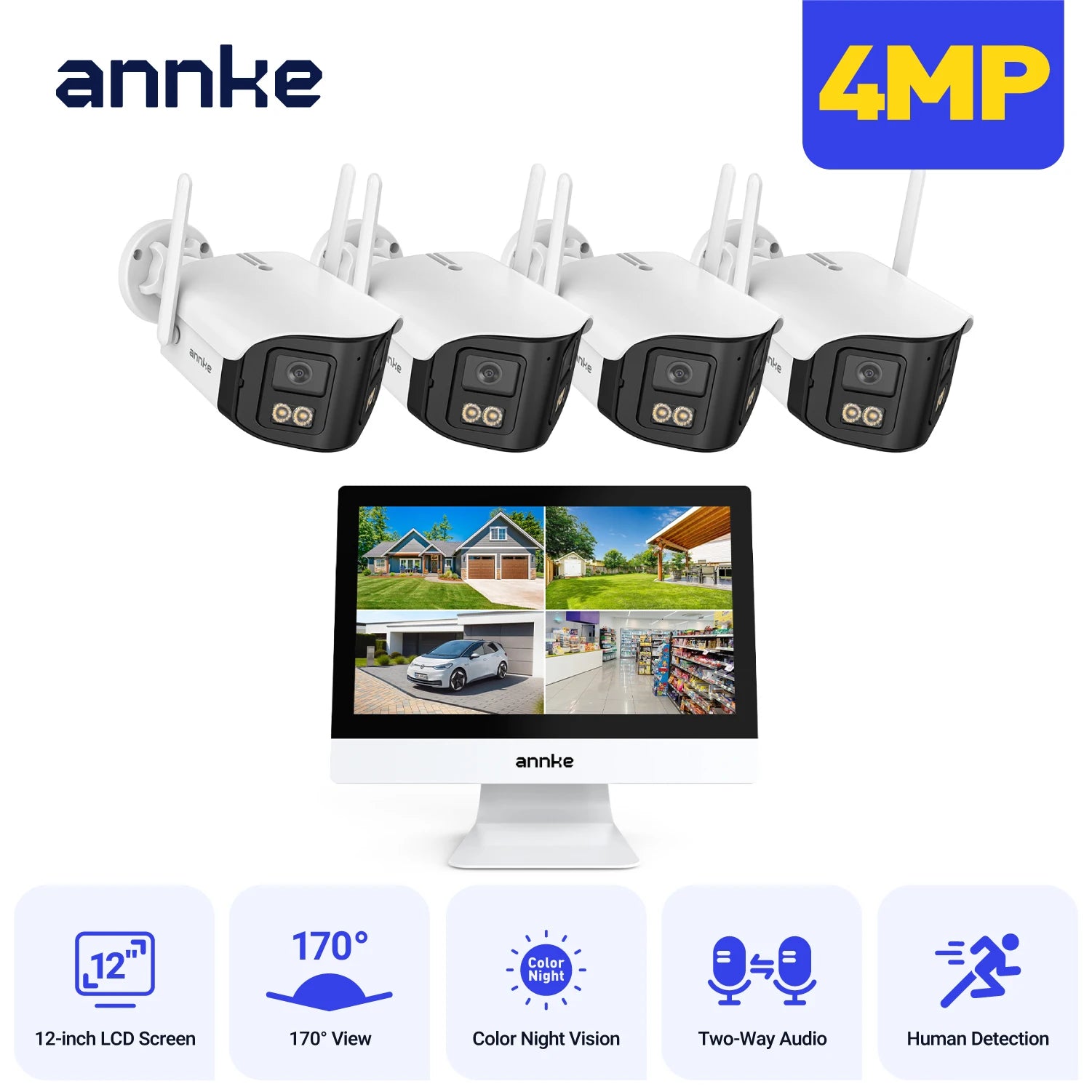 ANNKE 12" LCD Wireless NVR Kit with Dual-Lens 4MP Cameras