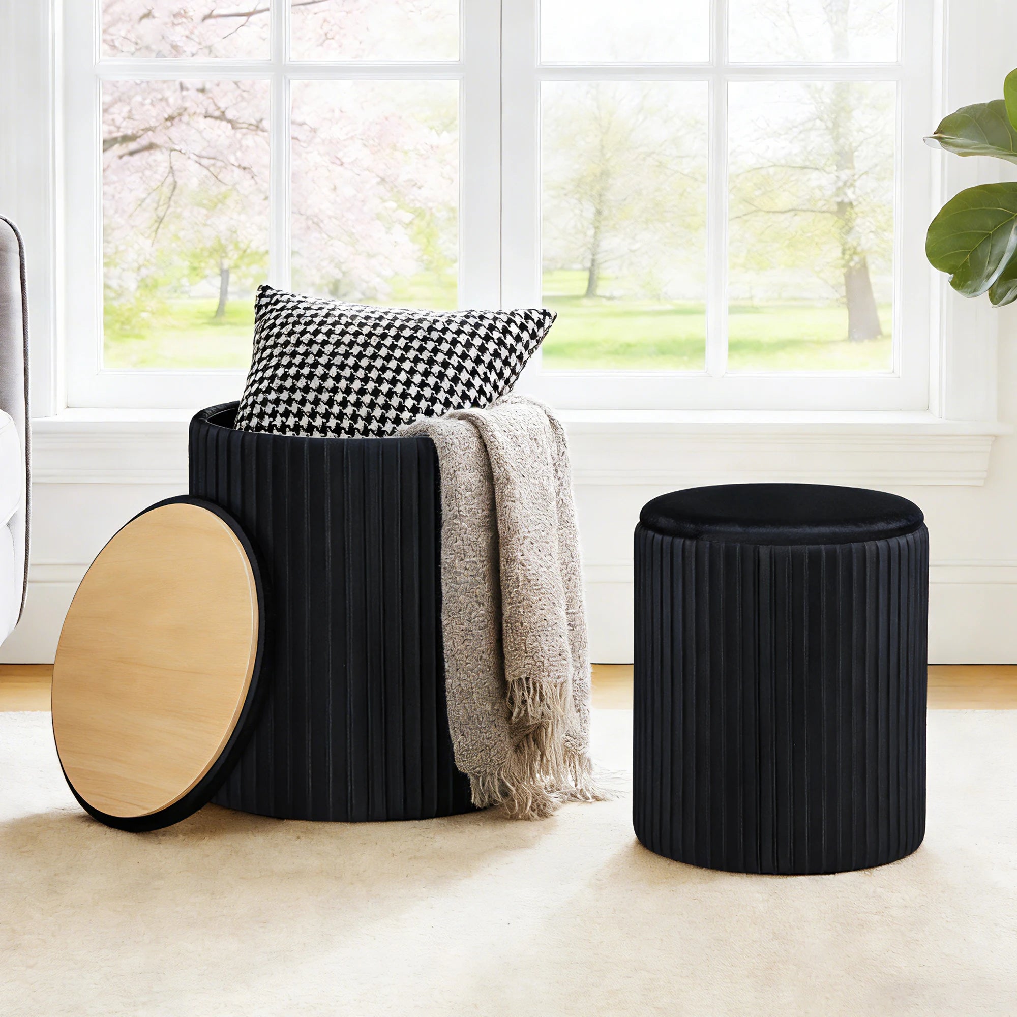 Round Ottoman Storage Set of 2 Nesting Footstools with Lids