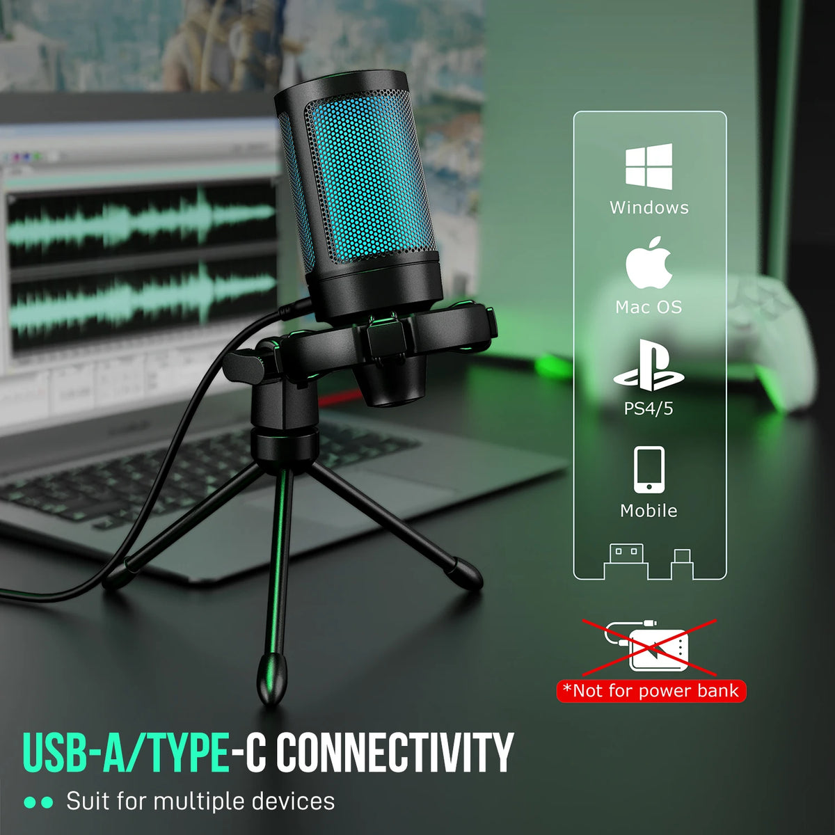 A2 RGB USB Condenser Microphone with Tripod