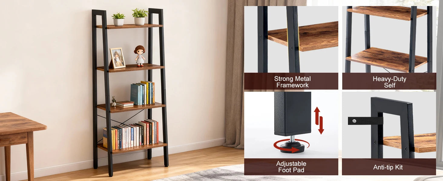 4-Tier Ladder Bookshelf with Wood Shelves and Metal Frame