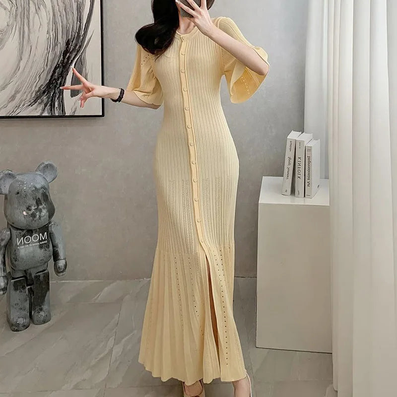 Summer Spring New French Elegant Fragrance High-end Slimming Knitted Mermaid Dress Hollow Slimming Fish Tail Knit Dress 
