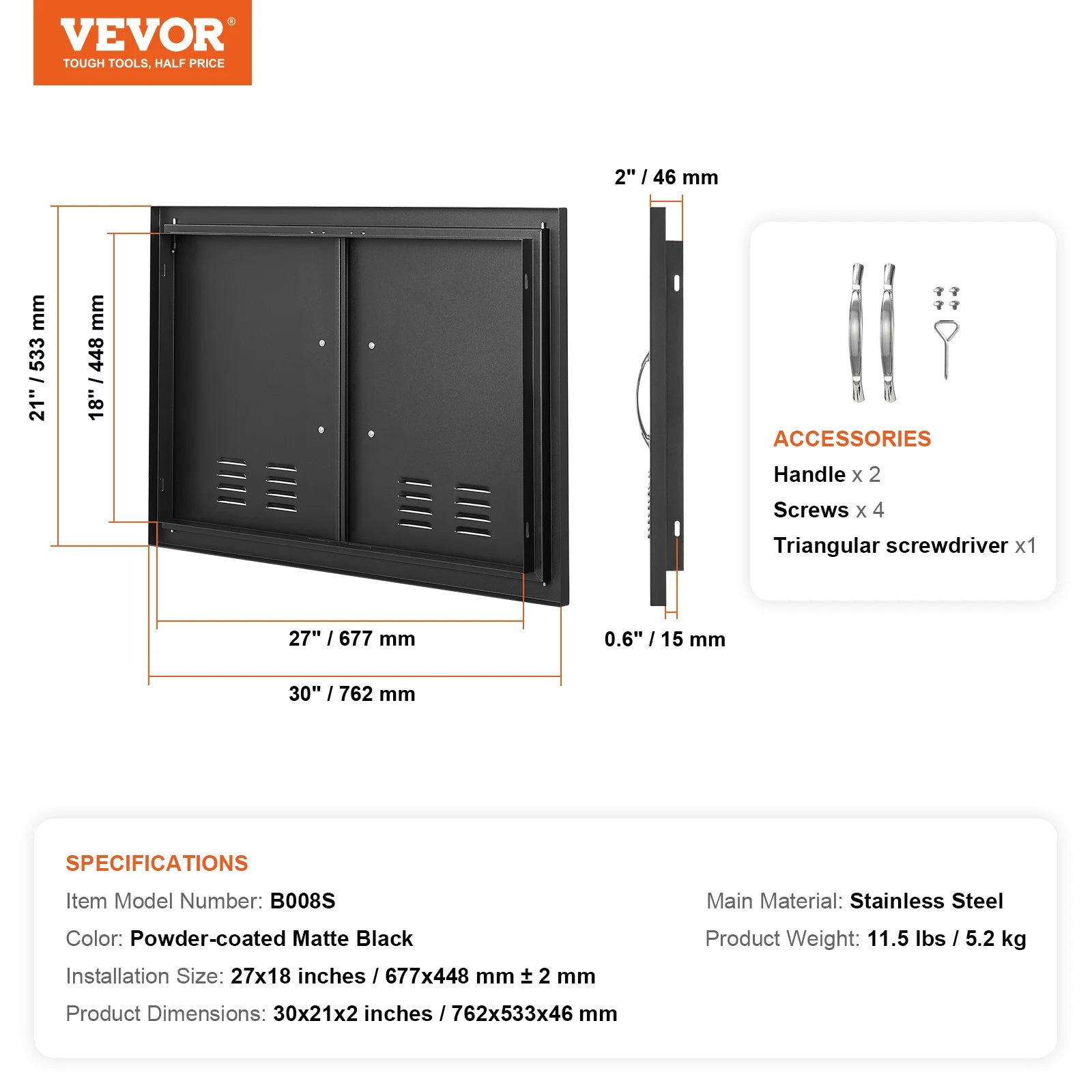 Porte d'accès double en acier inoxydable avec évents pour barbecue de cuisine extérieure