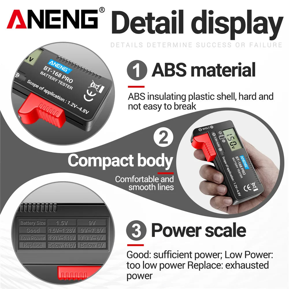 Batteritestere ANENG BT-168 PRO, kapasitetskontrollert belastningsanalysator, digital batteritester for 9 V-, AAA-, AA- og knappcellebatterier