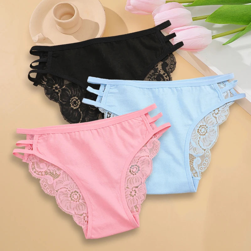 3PC/Set Women's Sexy Floral Lace Panties Low Rise Hollow Out Briefs Transparent Underwear Female Elastic Straps Soft Lingerie 