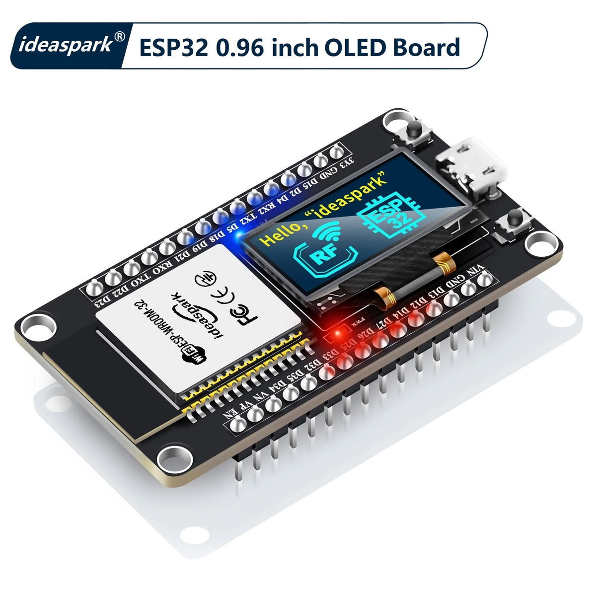 ideaspark® ESP32-kehityslauta 0.96 tuuman OLED-näytöllä, CH340, WiFi+BLE langaton moduuli, Micro USB for Arduino/Micropython