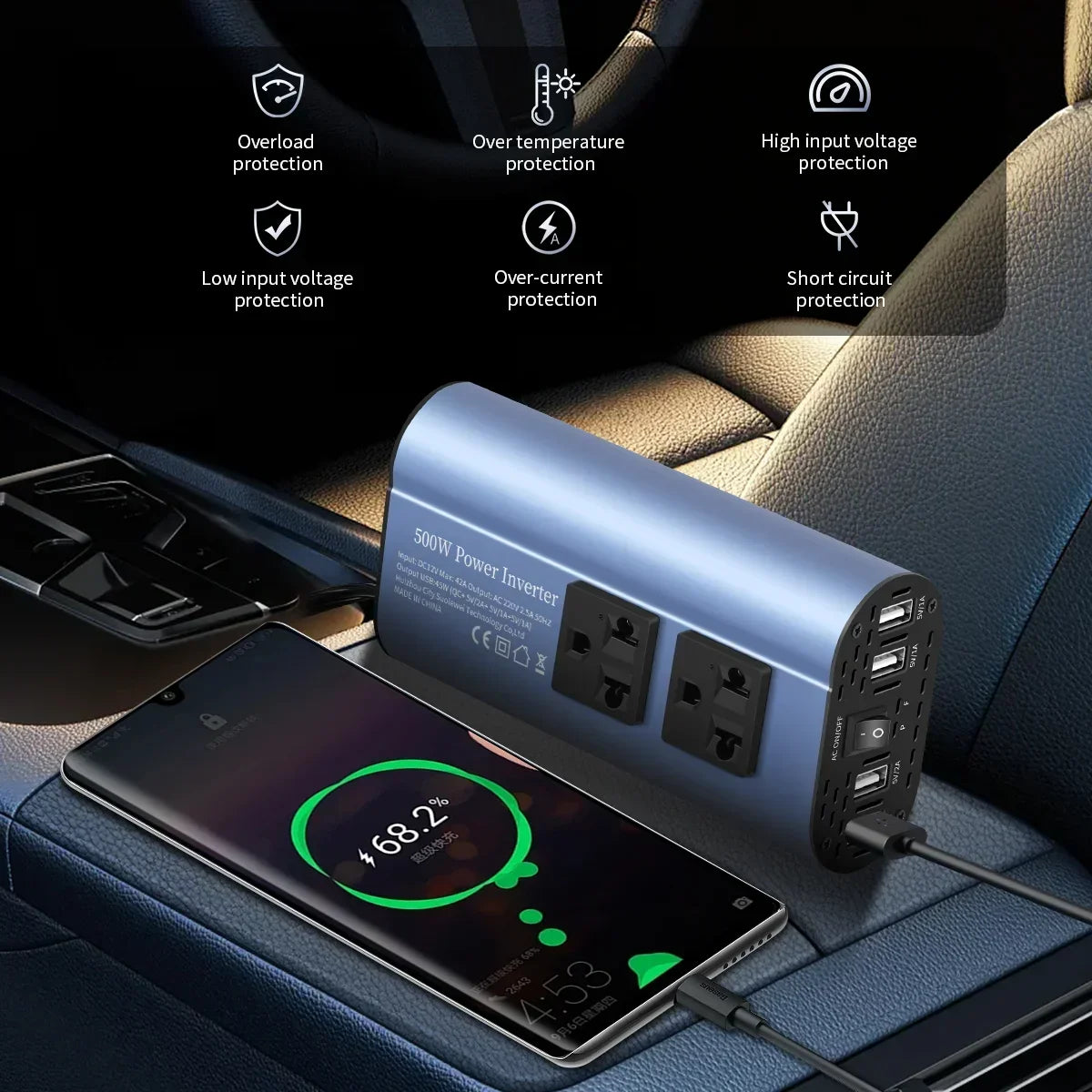 Inversor de carro 400W/500W/1500W, conversor DC 12V para AC 220V, 3 USB 2.0 e 1 USB QC3.0, tomada padrão europeu
