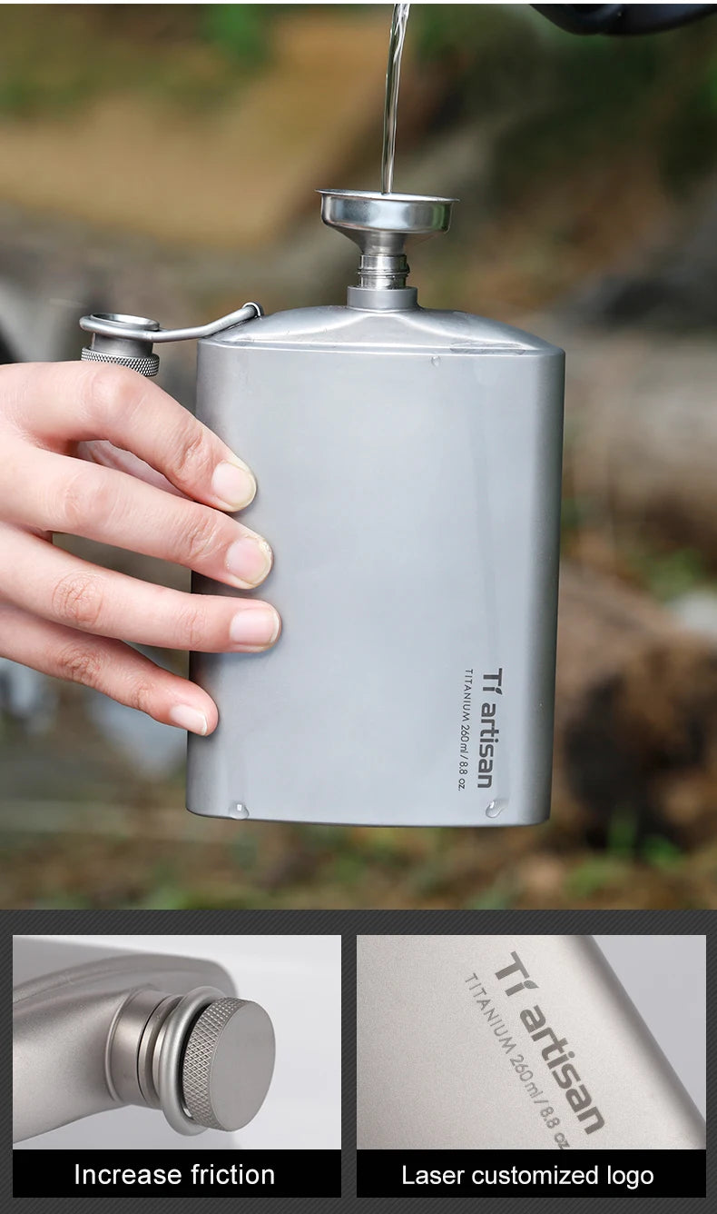 Portable Pure Titanium Hip Flask with Funnel, 200ml/260ml