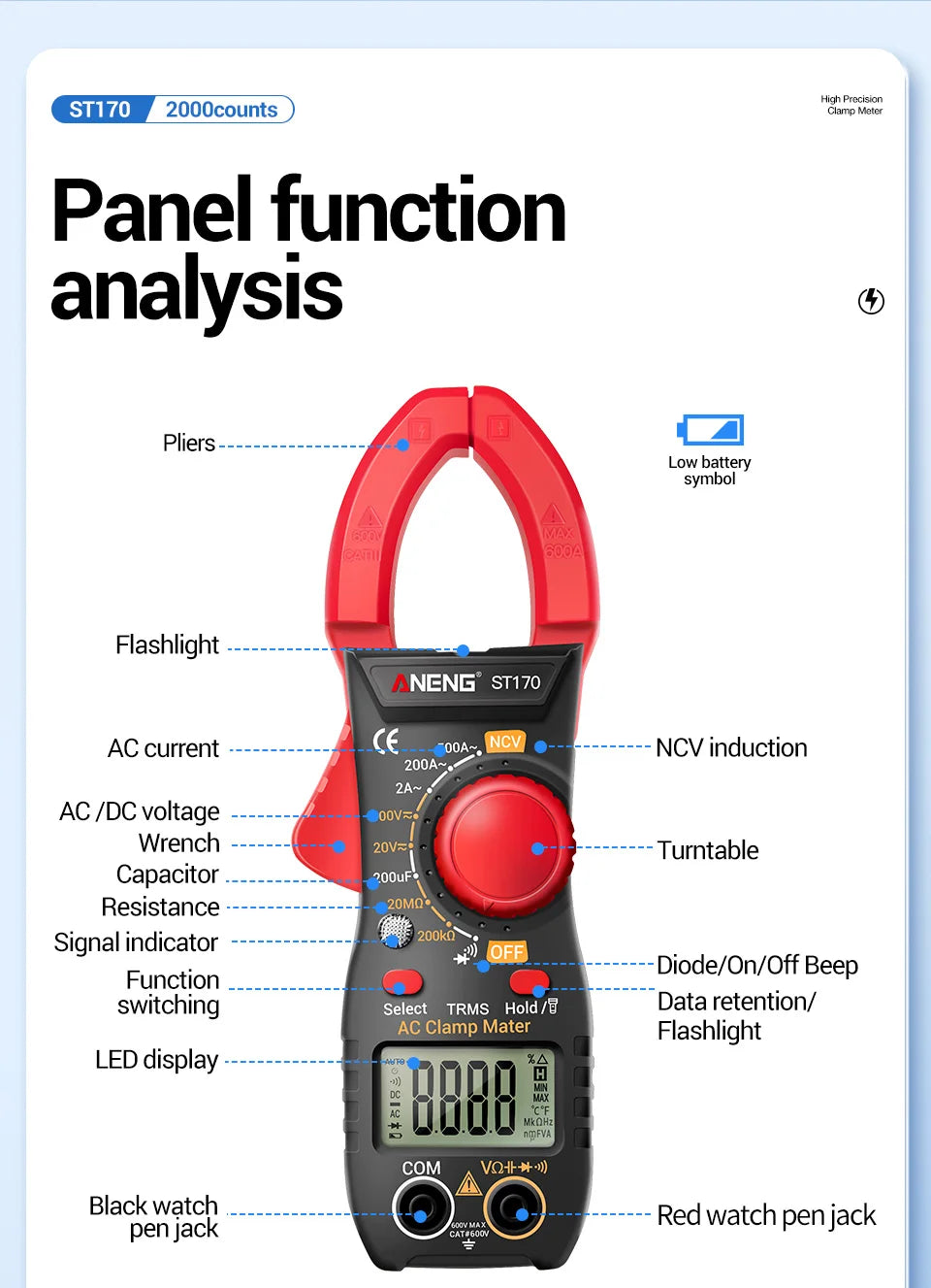 Clamp Meter Digital Multimeter NCV 1999 Counts AC/DC Voltage Ammeter Tester ANENG ST170 Capacitance Ohm Electrician Tester Tools