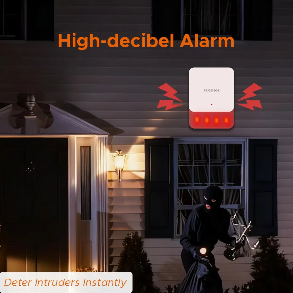 Staniot LoRa Wireless Strobe Siren 115dB High Decibel Alarm with Anti-Tamper Function 500m Long Transmission Range Smart Burglar Alarm for Smart Home Security