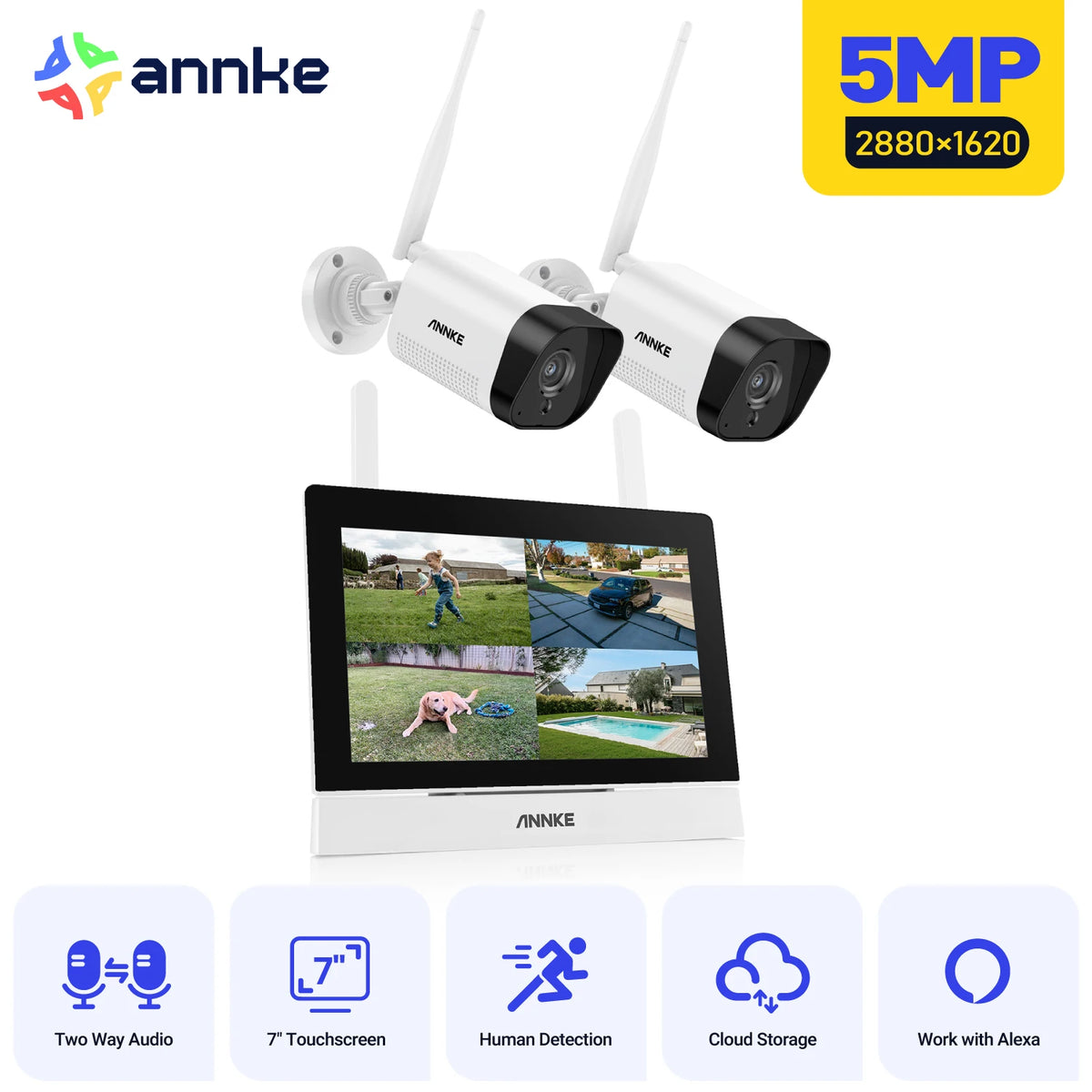 Trådløs Sikkerhedssæt 4CH 7-tommer Touchscreen 5MP HD NVR Kameraer