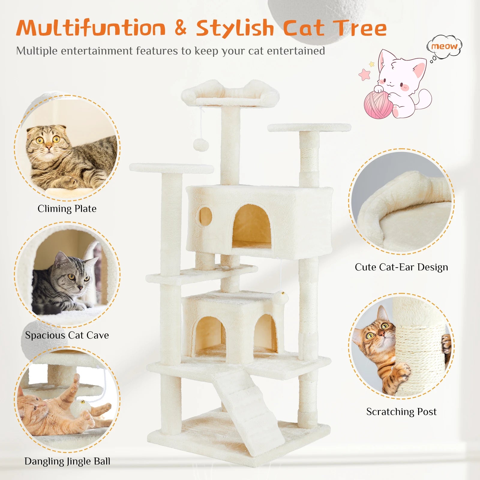 54in Multi-Level Cat Tree Tower with Condo & Sisal Scratching Posts