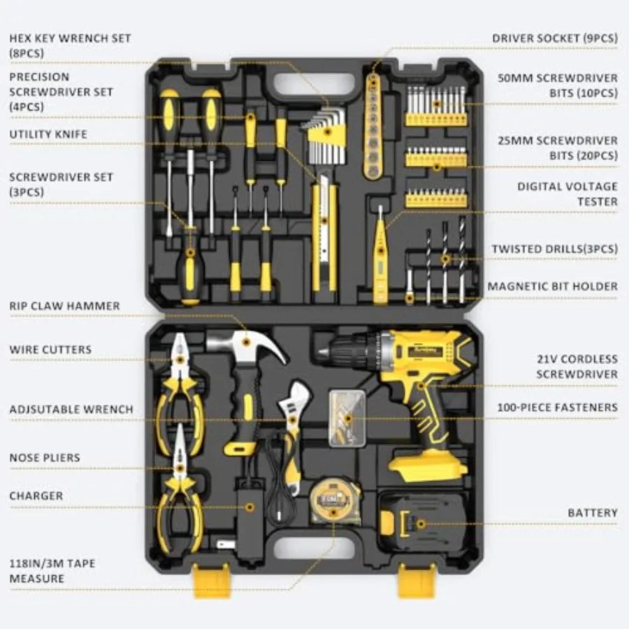 Sundpey 170-Piece Home Repair Tool Kit with 21V Drill