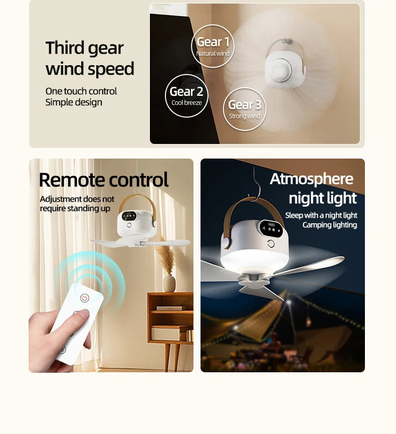 Rechargeable Ceiling Camping Fan with Remote Light for Small Spaces