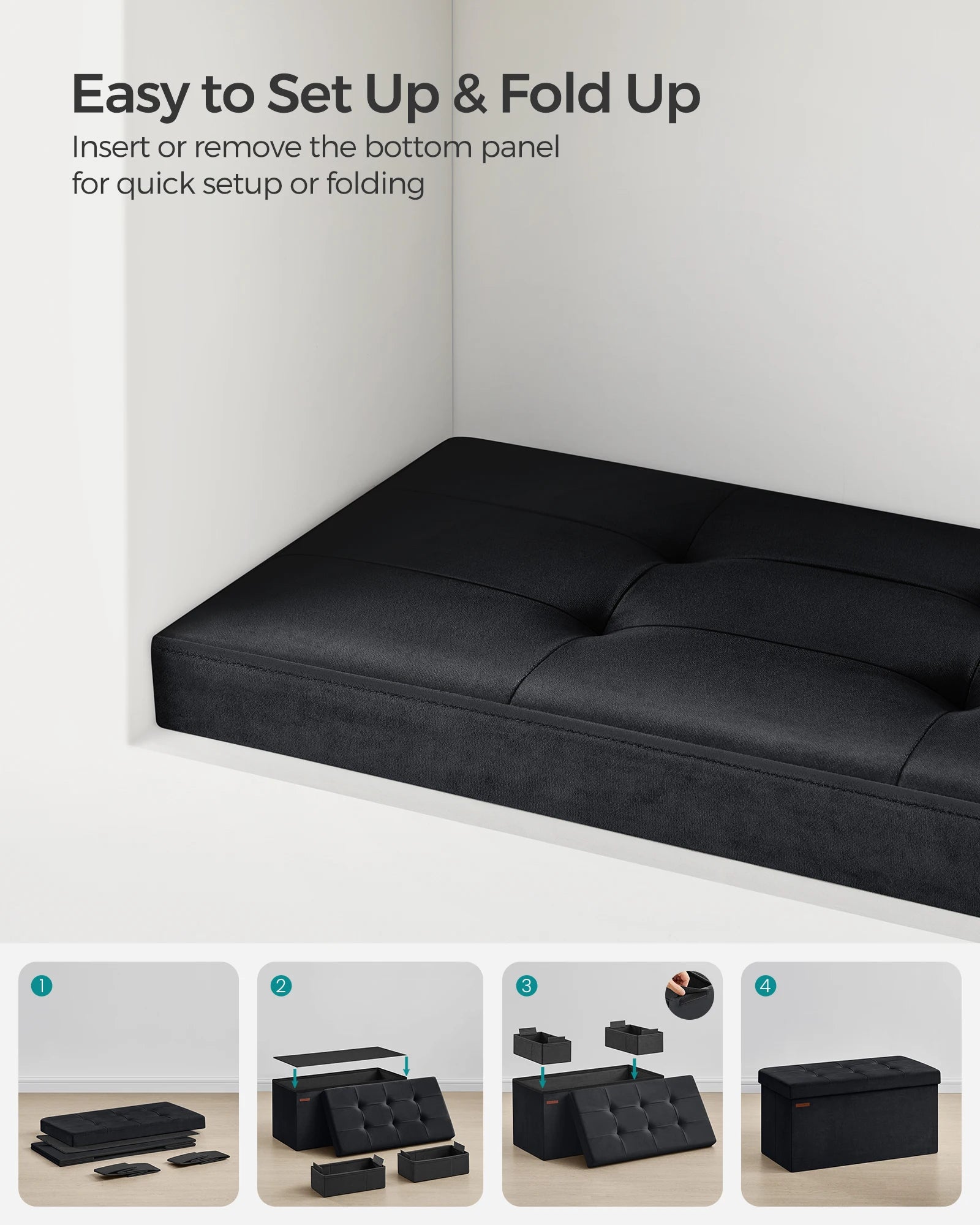 Velvet Storage Ottoman Bench 30" Foldable with Hidden Storage