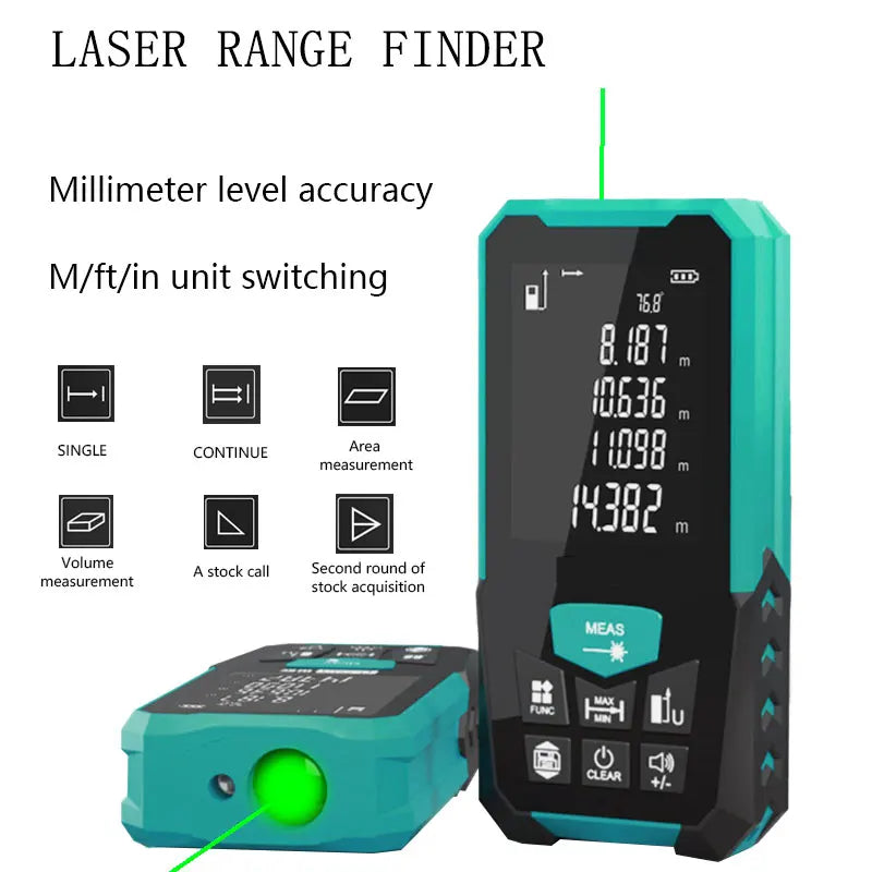 Laser Rangefinder, Green Laser Source, Multiple Measurement Modes, M/FT/IN Unit Switching, Battery Free, 5 Range Options