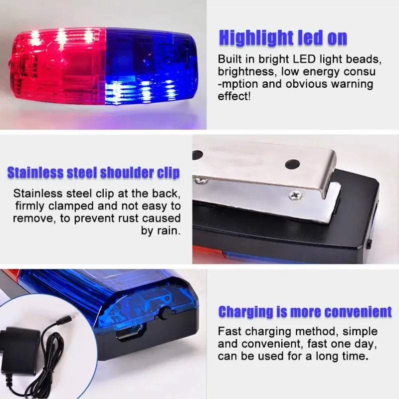 LED Red Blue Caution Emergency Police Light Flashing Shoulder Lamp USB Rechargeable Shoulder Warning Safety Torch Bike Tail Lamp 