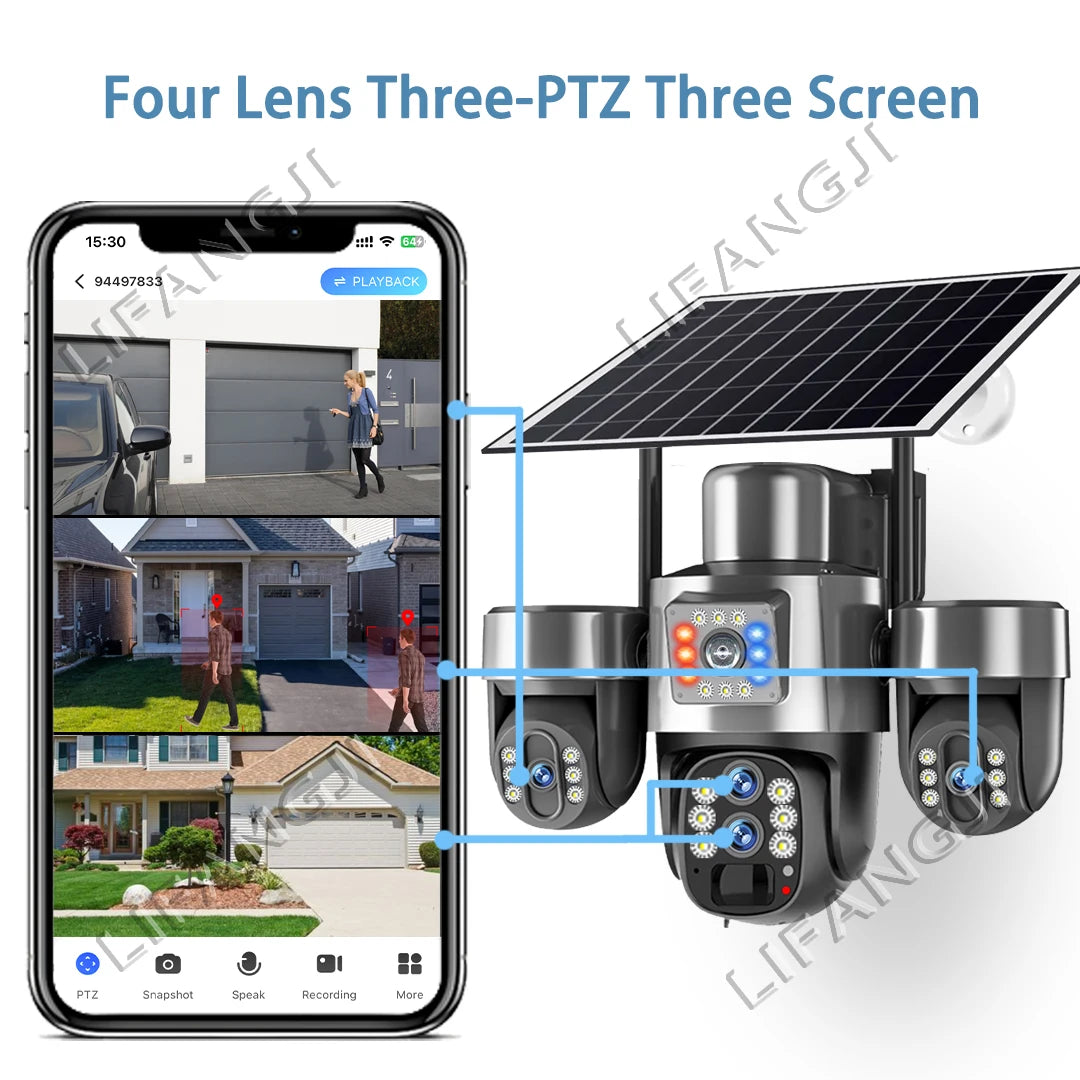 20MP 4-Lens 4G Solar Outdoor Security Camera with 10X Optical Zoom, 3 PTZ and Auto Tracking