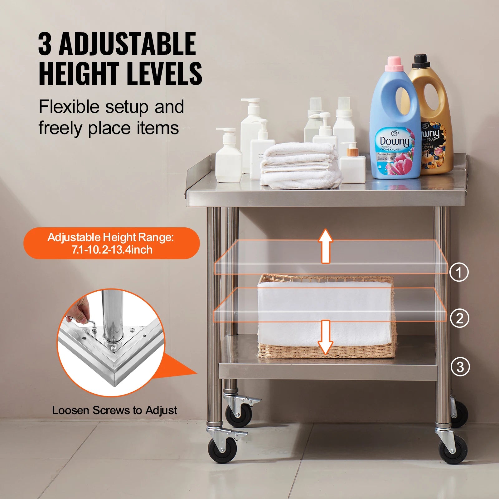 Stainless Steel Work Table with Wheels & Backsplash Prep Station