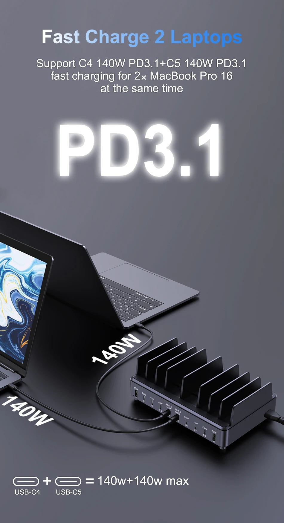 600W 10-Port GaN Fast Charging Station PD 3.1 USB-C Desktop Charger