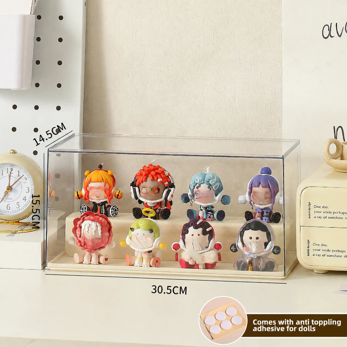 Clear collectible display case, selected layout; figures not included