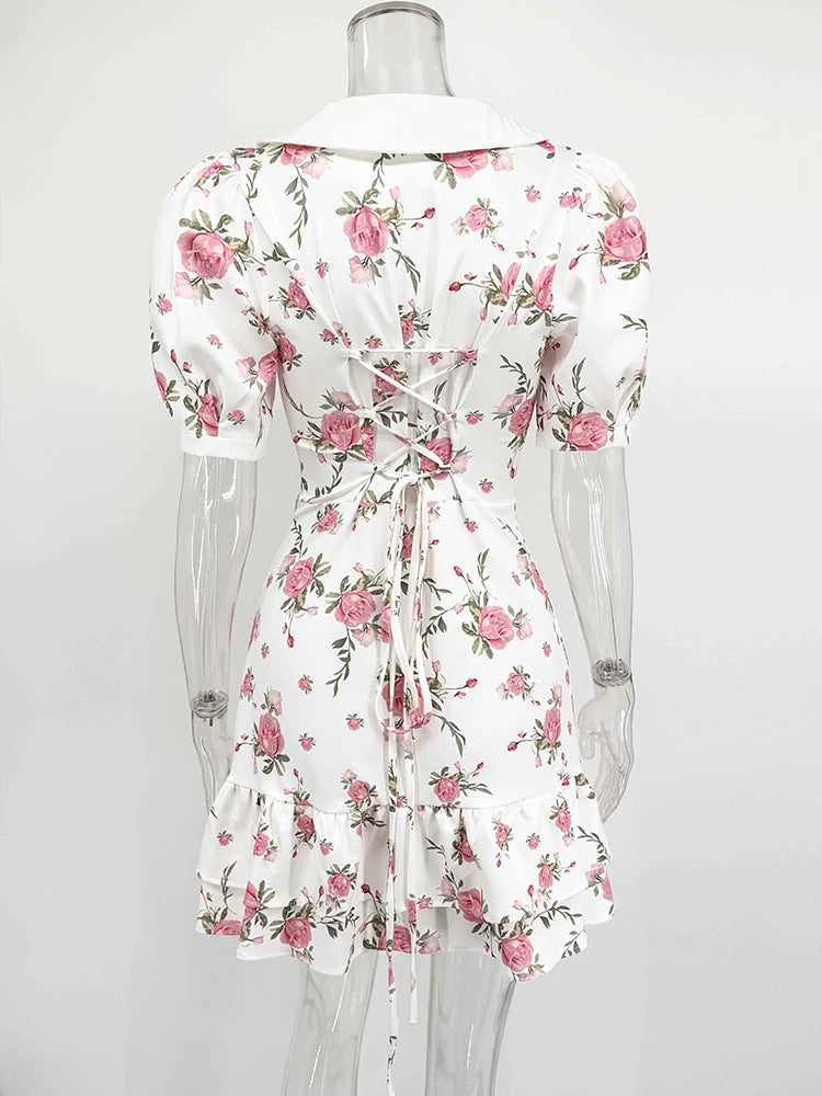 Tornova Print Puff Sleeves Ruffled Dress Women's V-Neck High Waist Pearl Buttons Mini Dress Female Casual Vacation Fashion Dress 