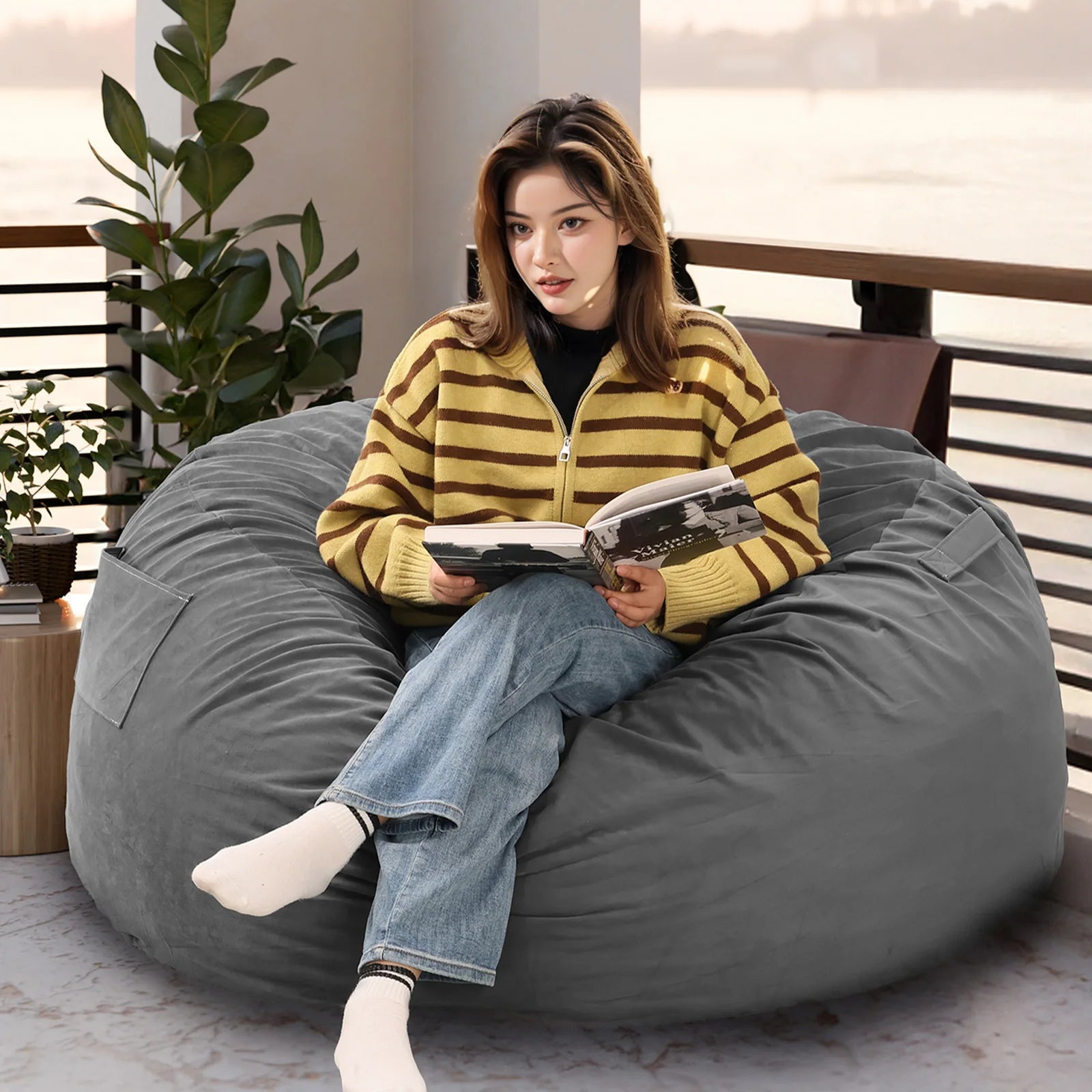 Oversized Foam Bean Bag Chair with Washable Cover & Pocket