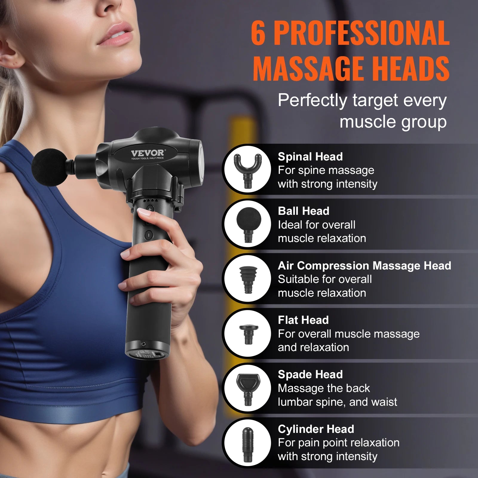 Deep Tissue Massage Gun with 9 Speeds & 6 Heads for Muscle Relief