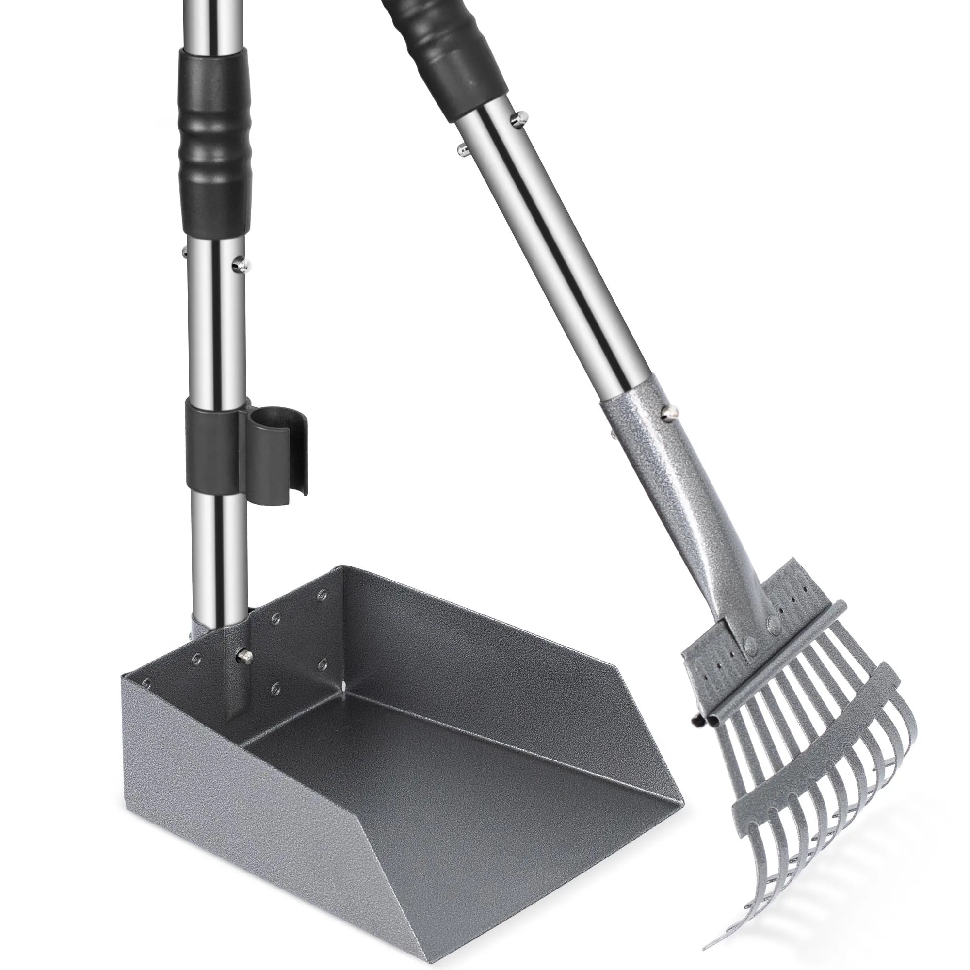 Dog Pooper Scooper Tray & Rake Set with Long Adjustable Handle