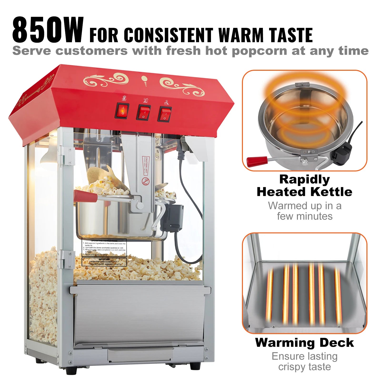 8oz Popcornmachine voor op het aanrecht met glazen panelen en warmhoudplaat