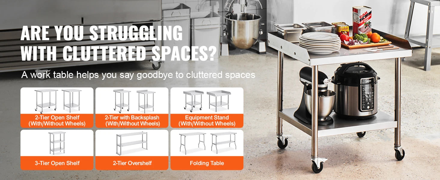 Stainless Steel Work Table with Wheels & Backsplash Prep Station