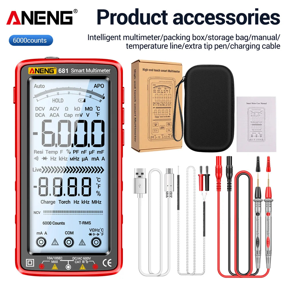 ANENG 681 Rechargable Digital Professional Multimeter Non-contact Voltage Tester AC/DC Voltage Meter LCD Screen Current Tester 