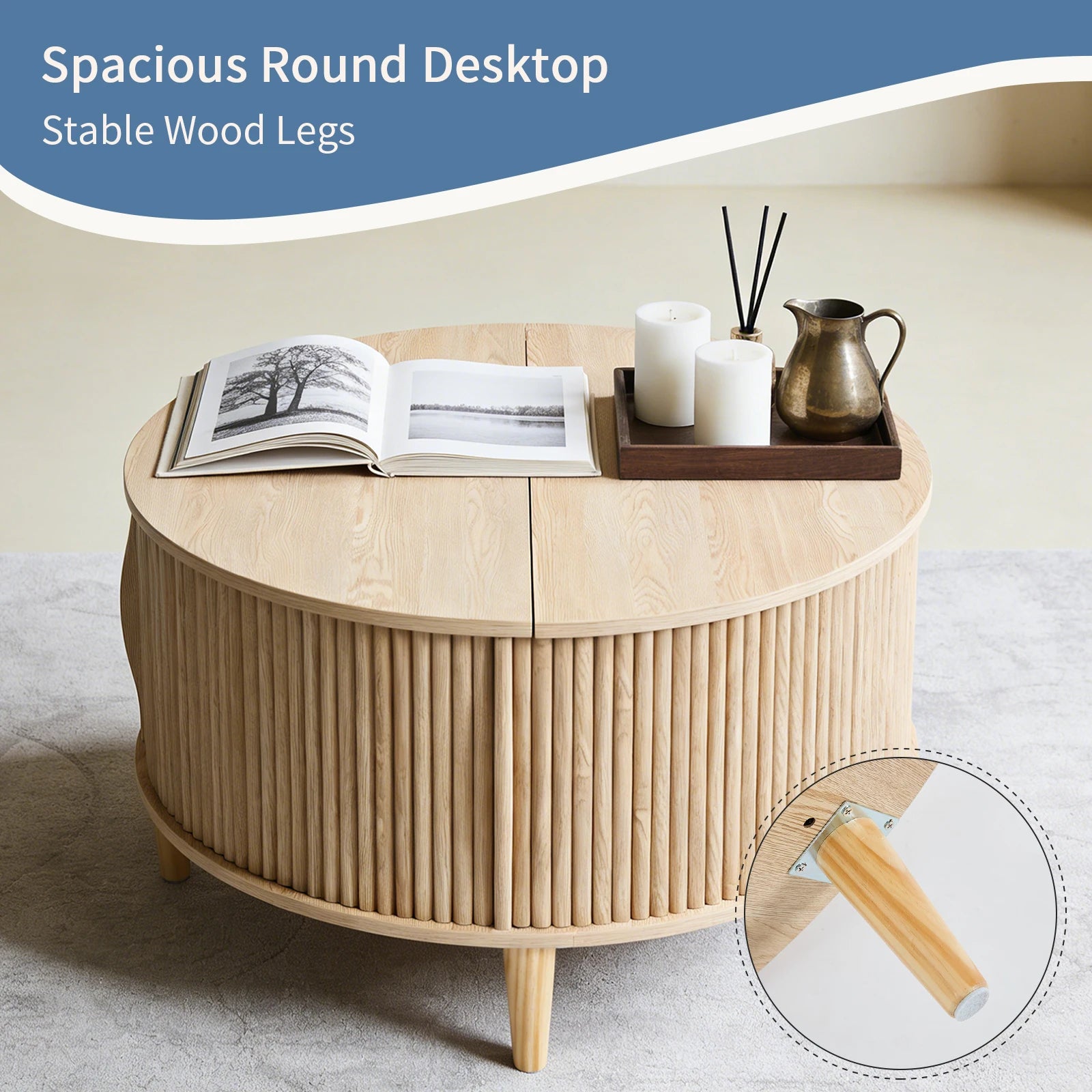 31in Round Coffee Table with Flip-Top Storage and Sliding Door