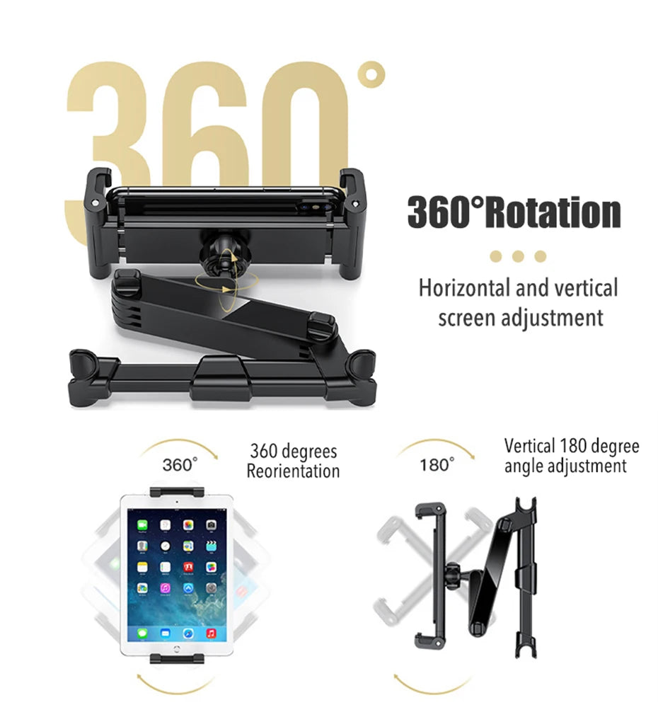 Car Headrest Tablet Holder 360-Degree Rotation Universal 4.7-12.9 Inch Tablet Phone Mount