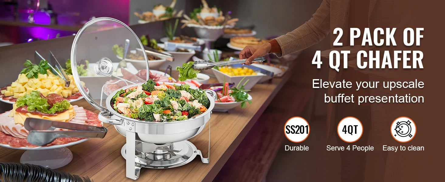 4 Qt Round Chafing Dish Buffet Set with Glass Lid (2 Pack)
