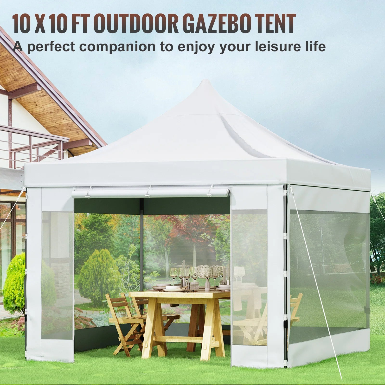SucceBuy Tenda de Palco Pop Up 10x10 Alpendre ao Ar Livre com Paredes Laterais Removíveis e Bolsa com Rodas Abrigo Portátil Instantâneo para Festa/Acampamento
