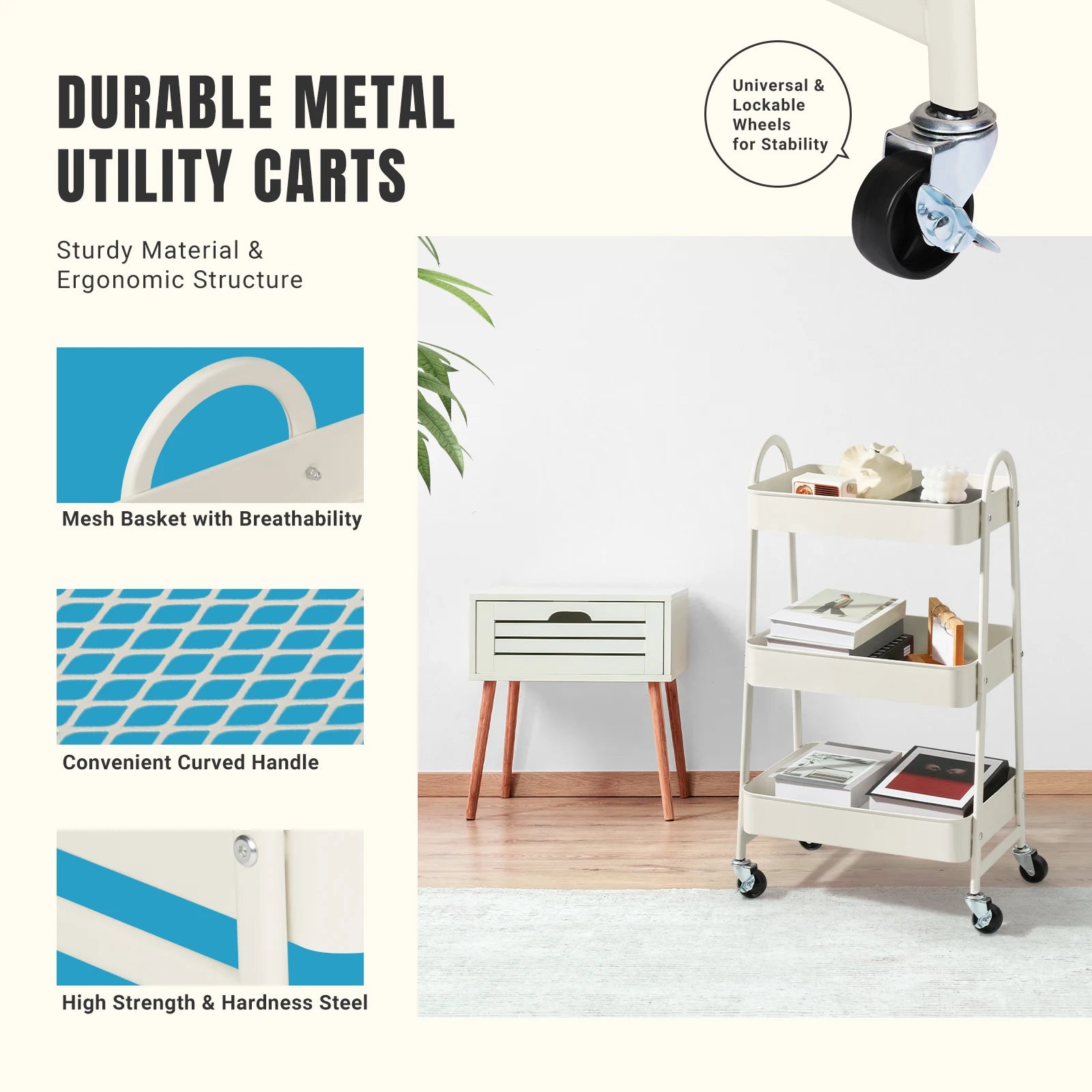3-Tier Rolling Storage Cart with Lockable Wheels for Small Spaces