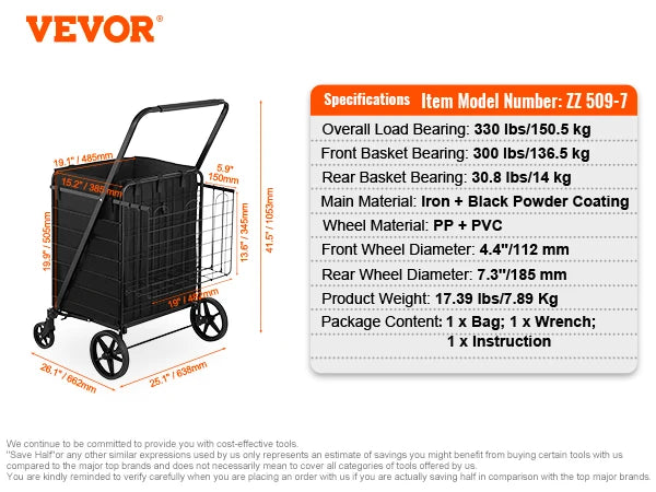 Chariot de courses pliable avec doublure imperméable et capacité de 330LB