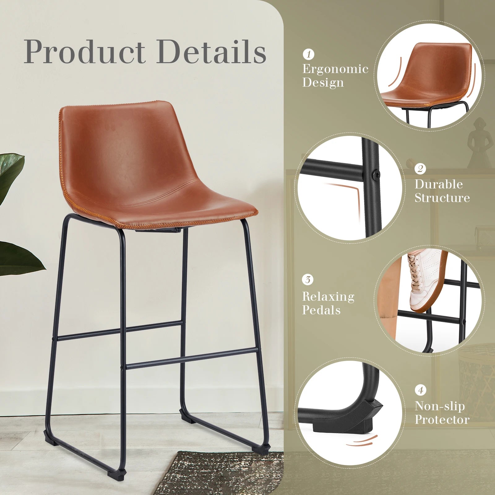 Counter Height Bar Stools Set of 2 Faux Leather with Back
