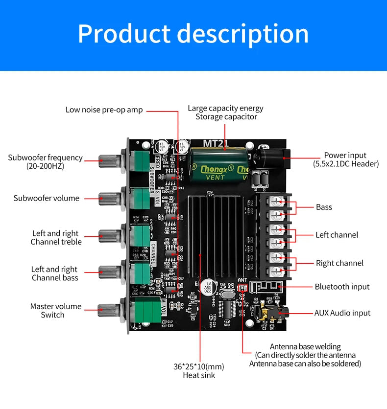 ZK-MT21 Channel Bluetooth 5.0 2.1 Subwoofer Amplifier Board 50W*2 +100W Power Audio Stereo Amplifier Board Bass AMP AUX 